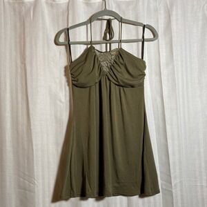 Olive Green Lace Inset‎ Halter Top Empire Waist Ruched Boho Sleeveless Camisole